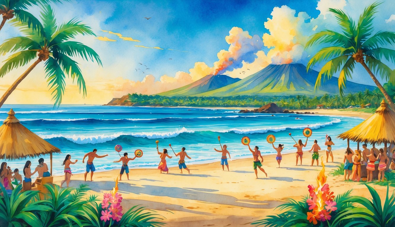 A sunny Hawaiian beach with palm trees, people surfing and dancing, and a traditional festival taking place near a volcano.