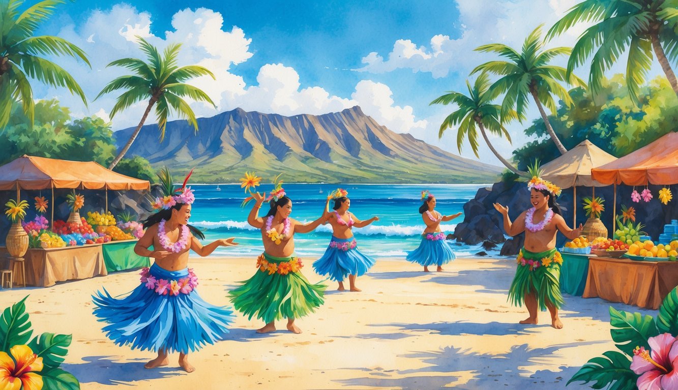 A lively beach scene with Hawaiian dancers in traditional costumes, palm trees, a festive market, mountains in the background, and the ocean under a sunny sky.