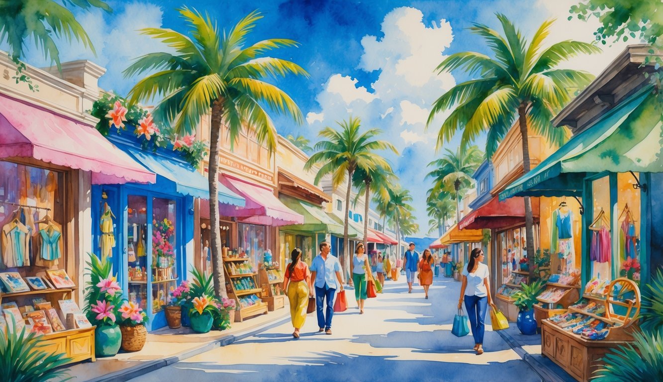 A peaceful Hawaiian shopping street with boutiques and artisan shops surrounded by palm trees and tropical plants, with people browsing handmade crafts and luxury goods.