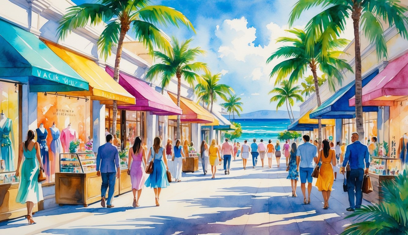 A lively outdoor shopping street in Oahu with people browsing luxury boutiques surrounded by palm trees and tropical greenery.