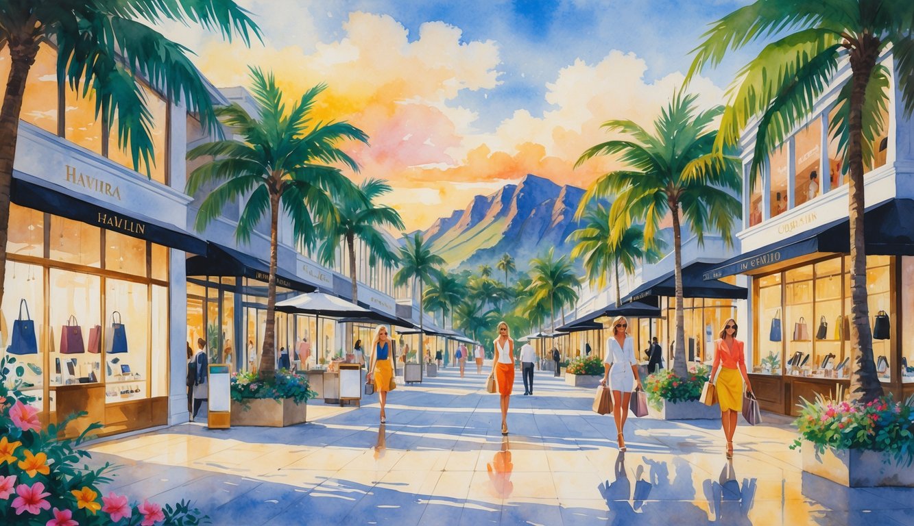 An outdoor luxury shopping area in Hawaii with boutique stores, palm trees, tropical flowers, and people walking along a stone pathway with mountains in the background.