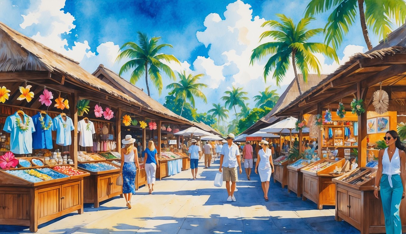 A lively Hawaiian market with wooden stalls displaying handcrafted clothing, jewelry, and carvings, surrounded by palm trees and traditional buildings under a blue sky.