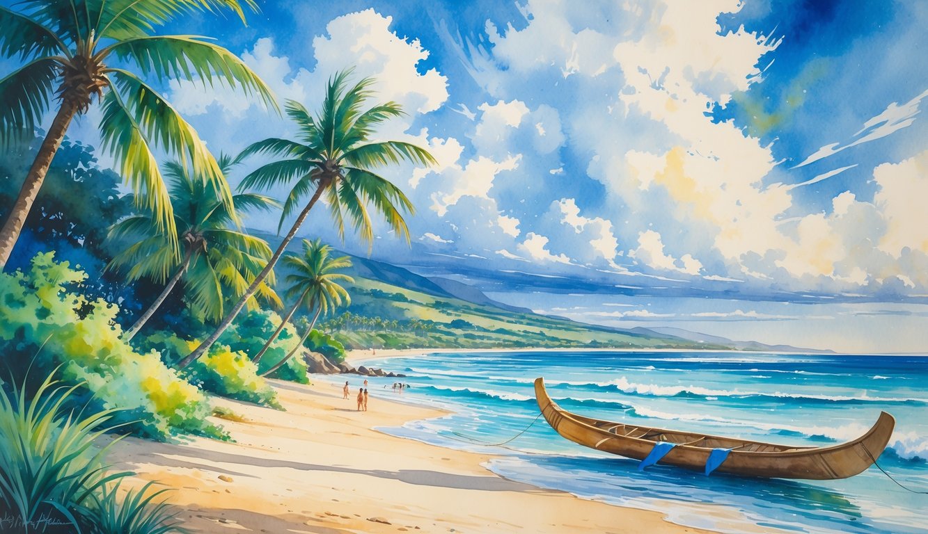 A Hawaiian beach scene with palm trees bending in the wind, a canoe near the shore, and people securing beach items as gentle waves lap the sand under a partly cloudy sky.