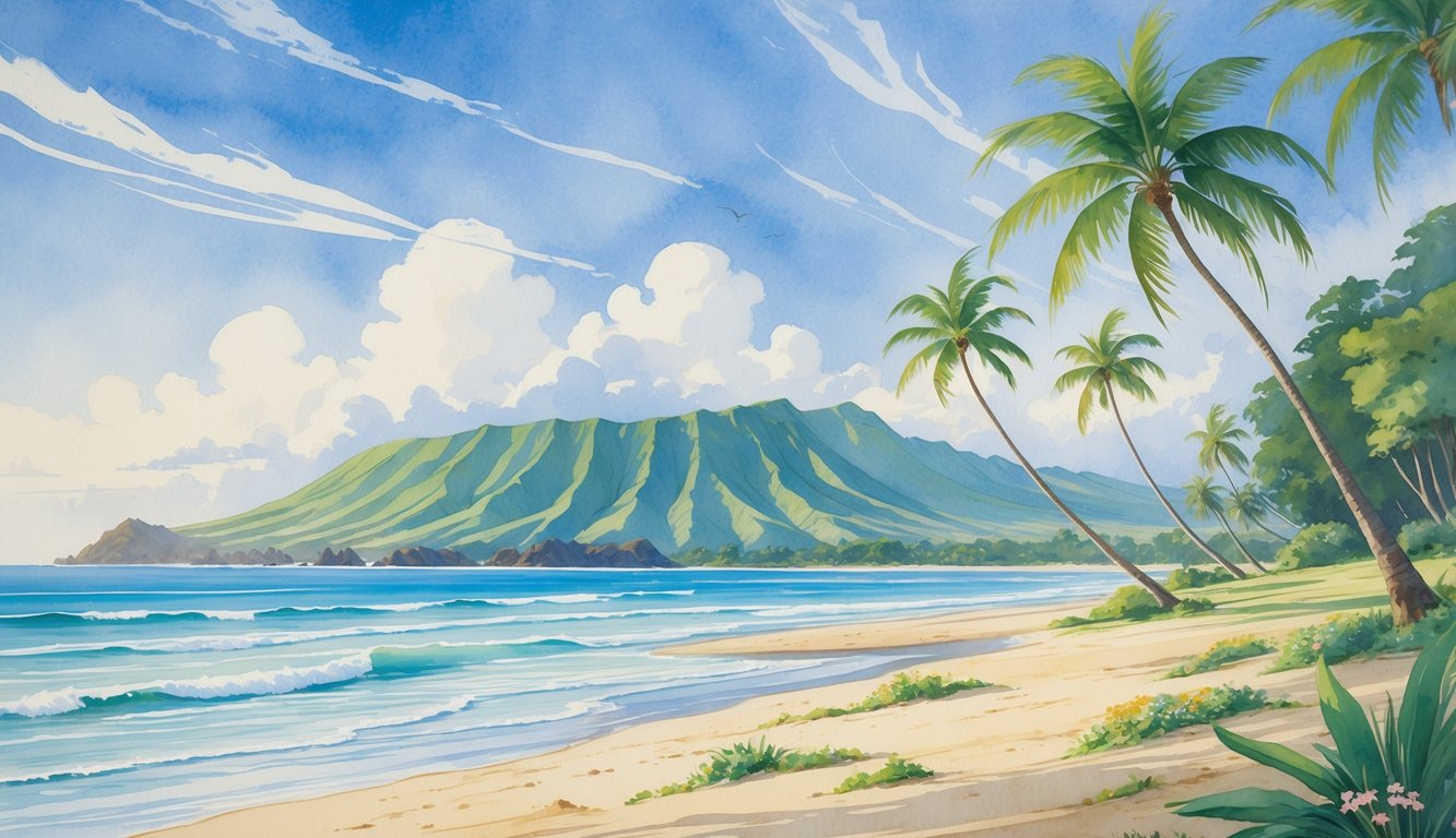 A coastal scene with palm trees bending in the wind, mountains in the background, and waves gently hitting a sandy beach with plants.