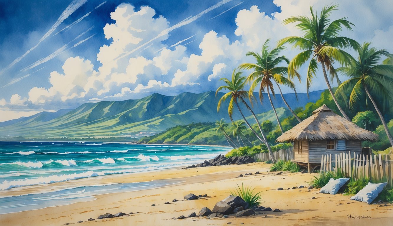 A Hawaiian coastal scene with palm trees bending in strong wind, choppy ocean waves, mountains in the background, and a small hut near the beach with windbreaks.