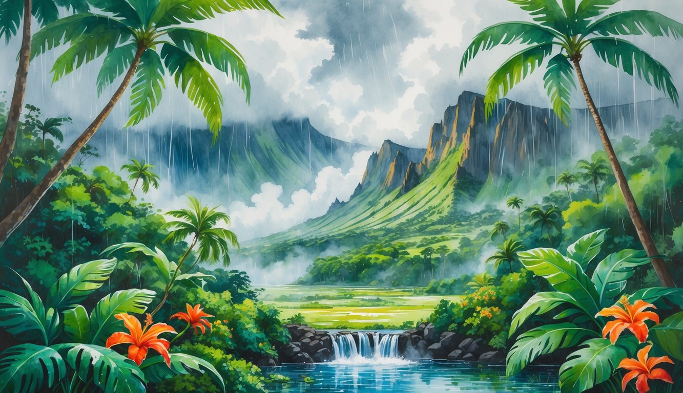 A tropical Hawaiian valley with rain falling over green trees, mountains, and a small waterfall flowing into a clear pool.