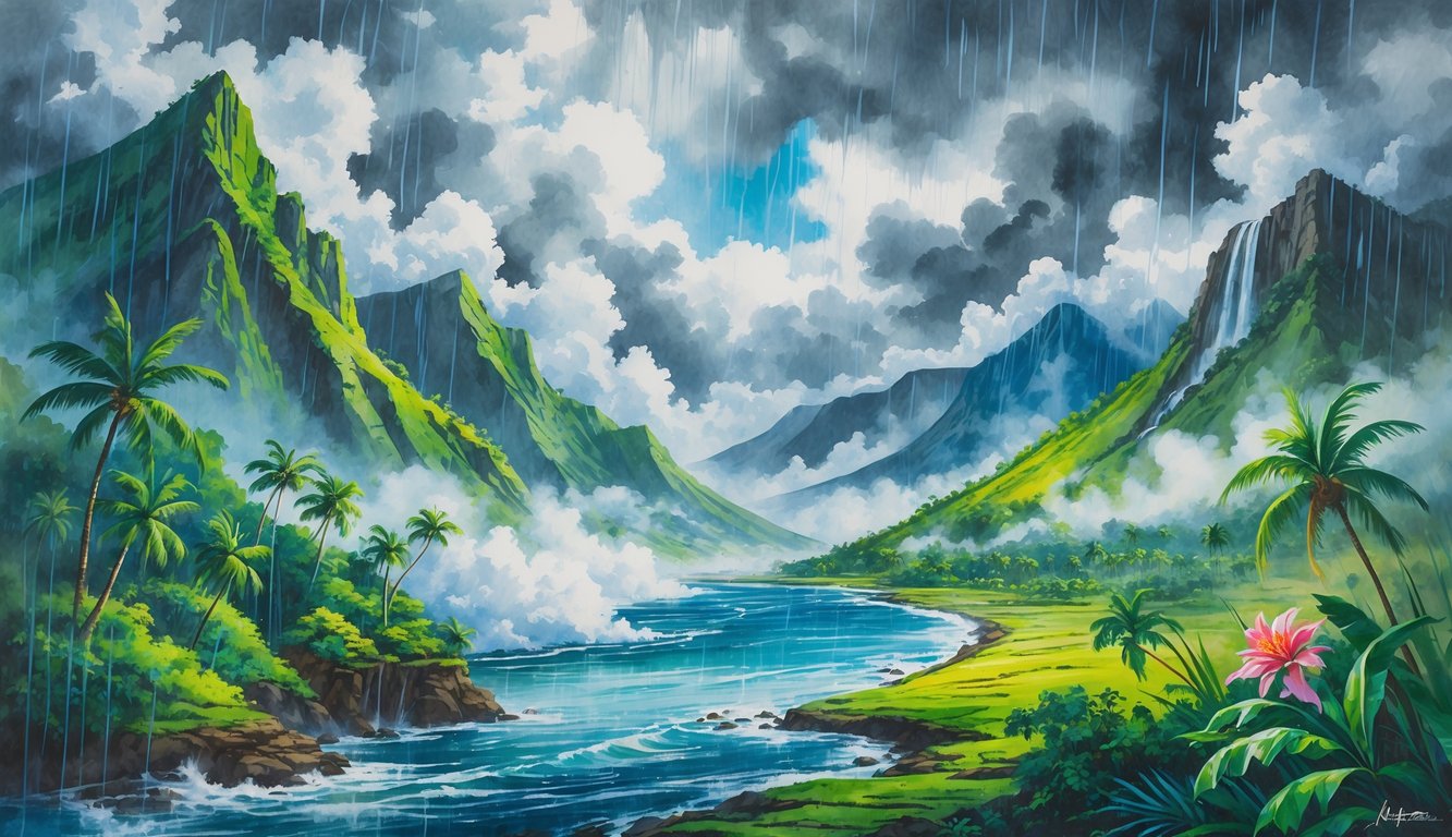 A landscape showing green mountains, a misty valley, and a tropical coastline with rain falling over all areas.