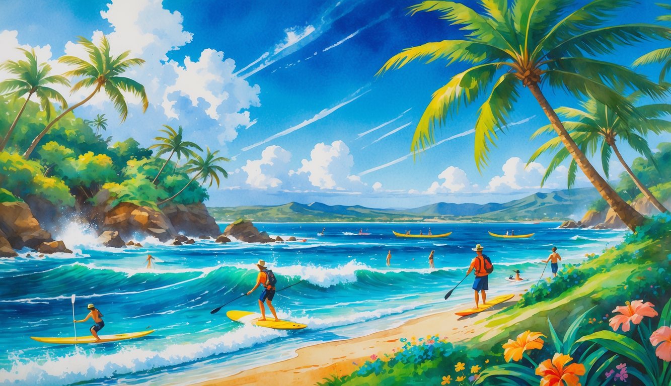 People surfing, paddleboarding, and hiking near a windy Hawaiian coast with palm trees and canoes on the ocean.