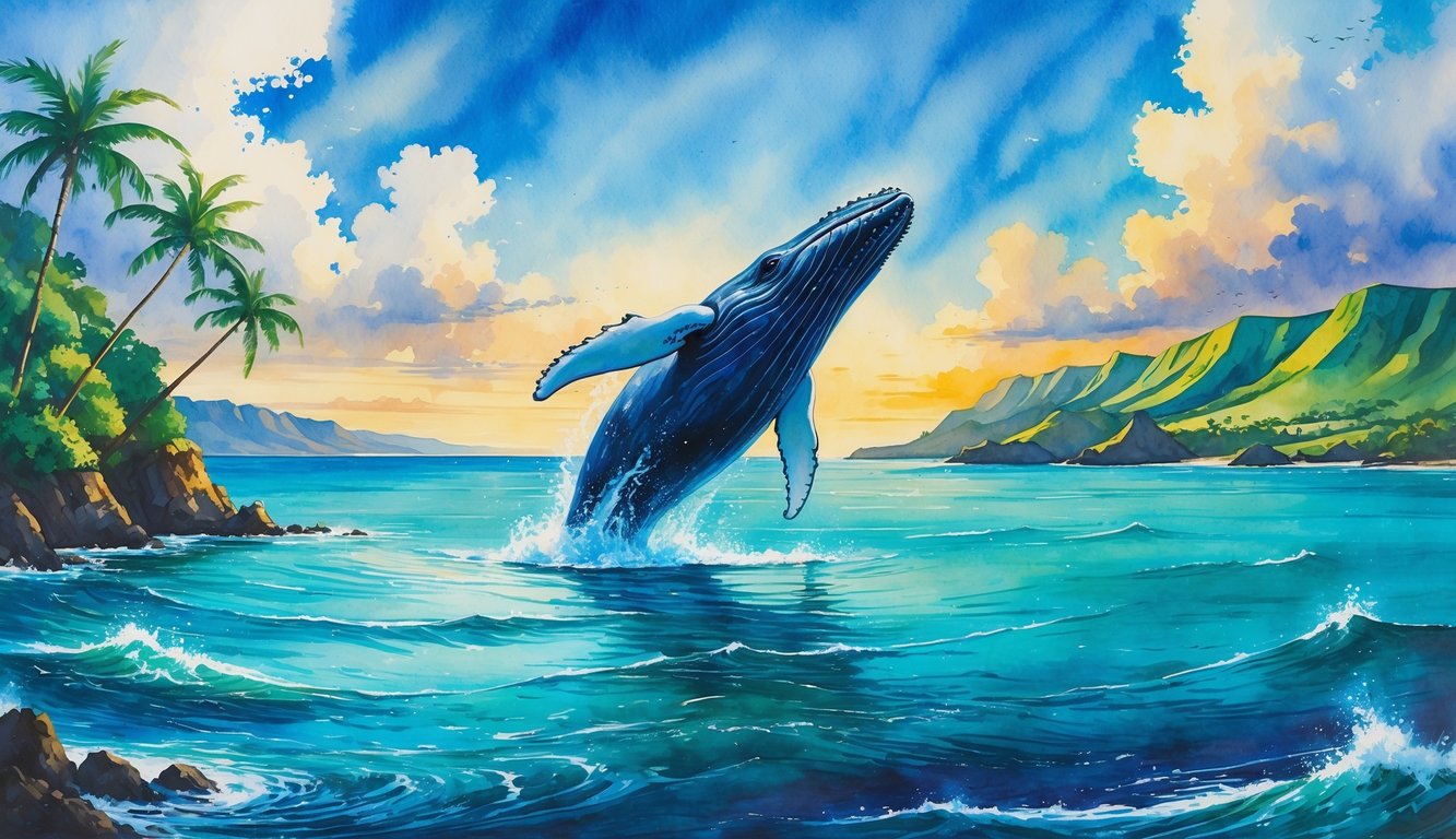 A humpback whale breaching near a tropical Hawaiian coastline with palm trees and distant islands under a clear sky.