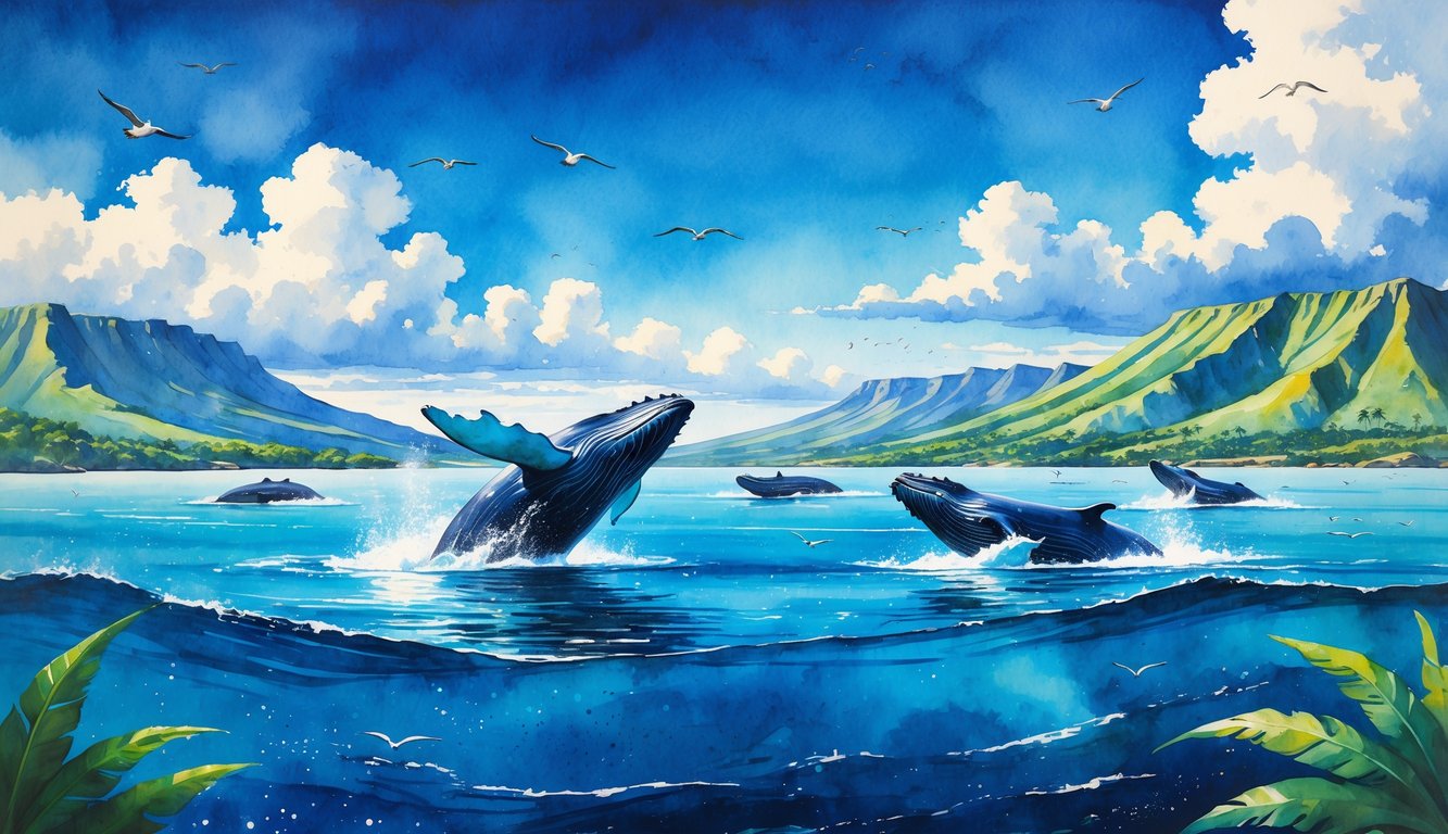 A peaceful ocean scene showing humpback whales breaching near a tropical coastline with mountains and greenery in the background.