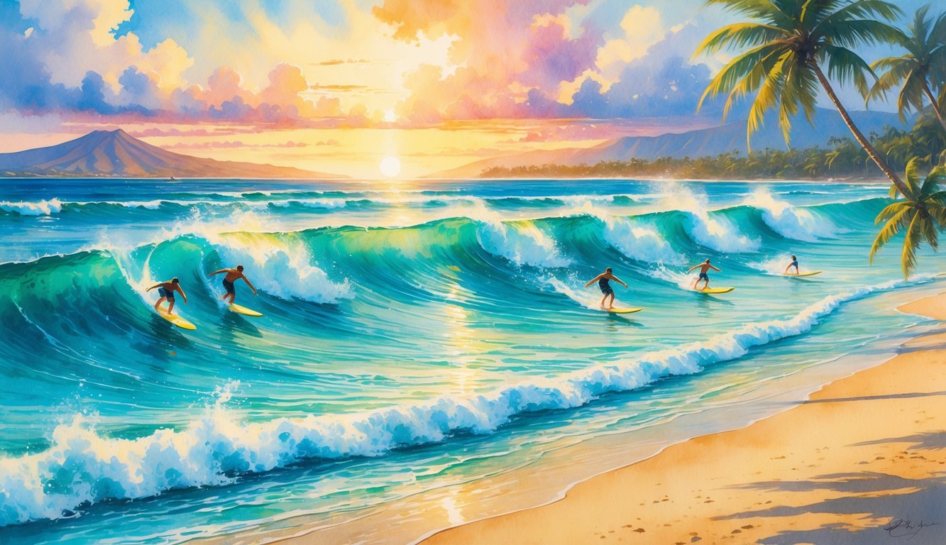 Surfers riding waves near a sandy beach with palm trees and mountains in the background during sunrise.