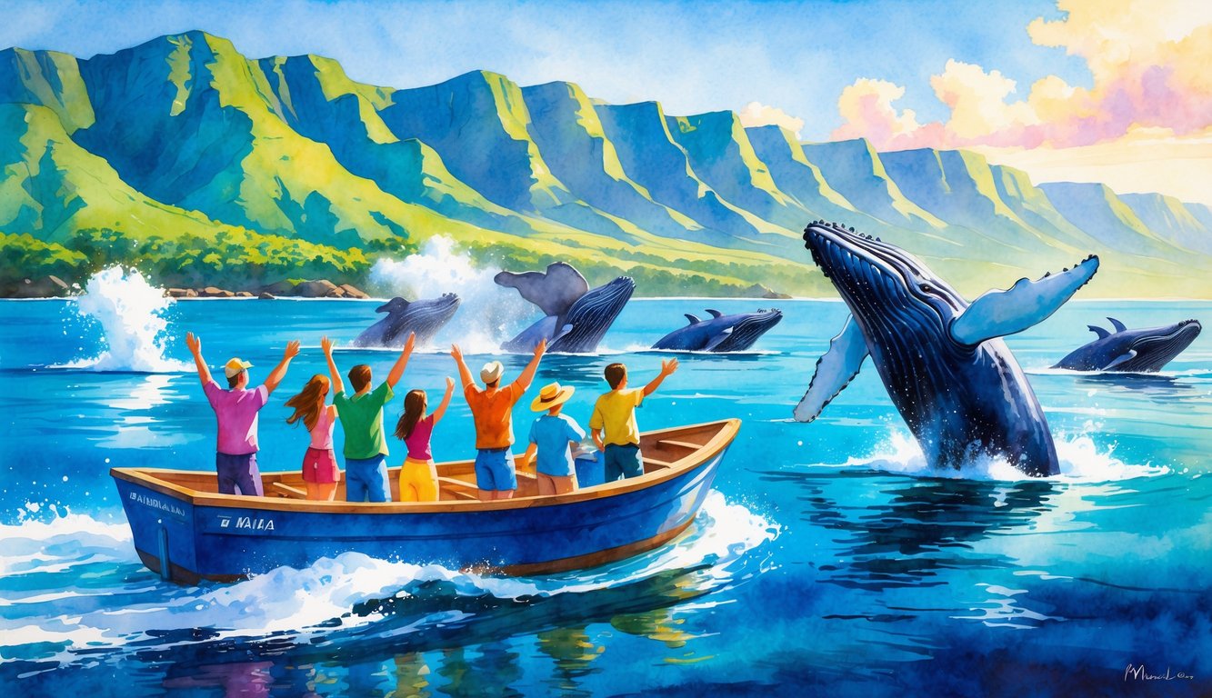 People on a boat watching humpback whales breaching near the Hawaiian coast with mountains in the background.