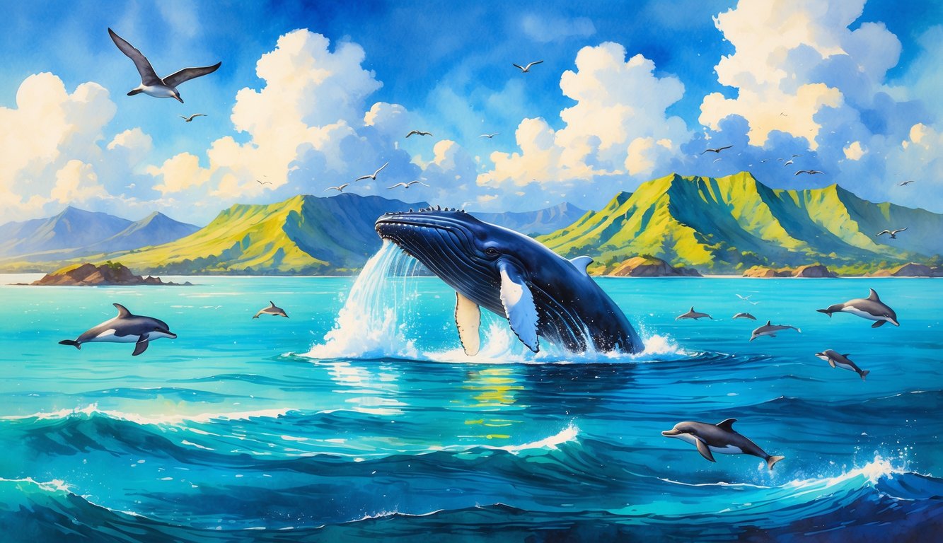 A humpback whale breaching in the ocean near Hawaiian islands with dolphins and seabirds nearby under a bright sky.