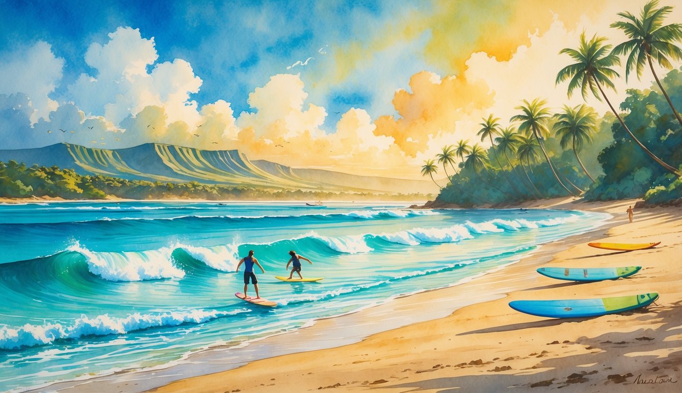 A Hawaiian beach with surfers riding waves, palm trees along the shore, and distant mountains under a bright sky.
