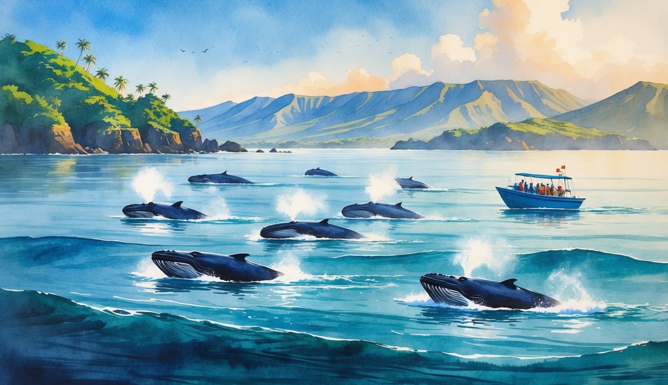 A peaceful ocean scene showing humpback whales breaching near a tropical coastline with a small boat observing from a distance.