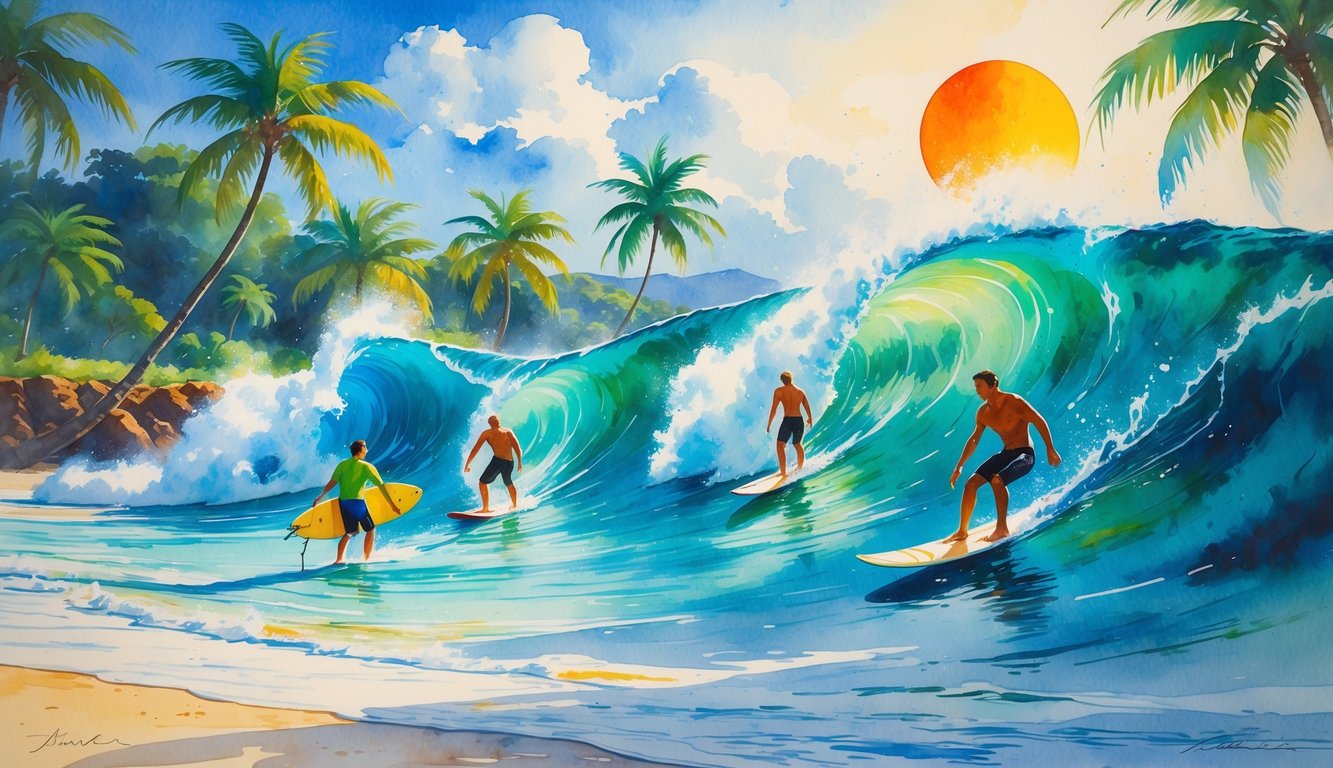 A Hawaiian beach with three surfers at different skill levels preparing to surf on varying sized waves, surrounded by palm trees and a rising or setting sun.