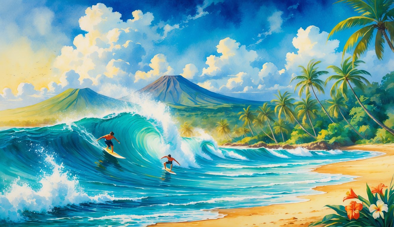 Surfers riding turquoise waves near a sandy beach with palm trees, tropical flowers, and a distant volcano under a blue sky.