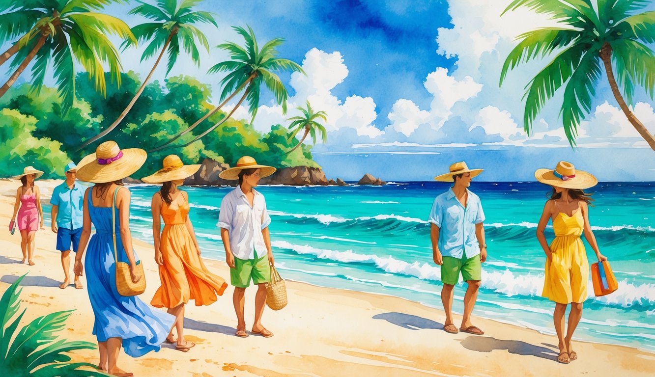 A tropical beach scene with people wearing light summer clothes, hats, and sandals, surrounded by palm trees, ocean waves, and a sunny sky.