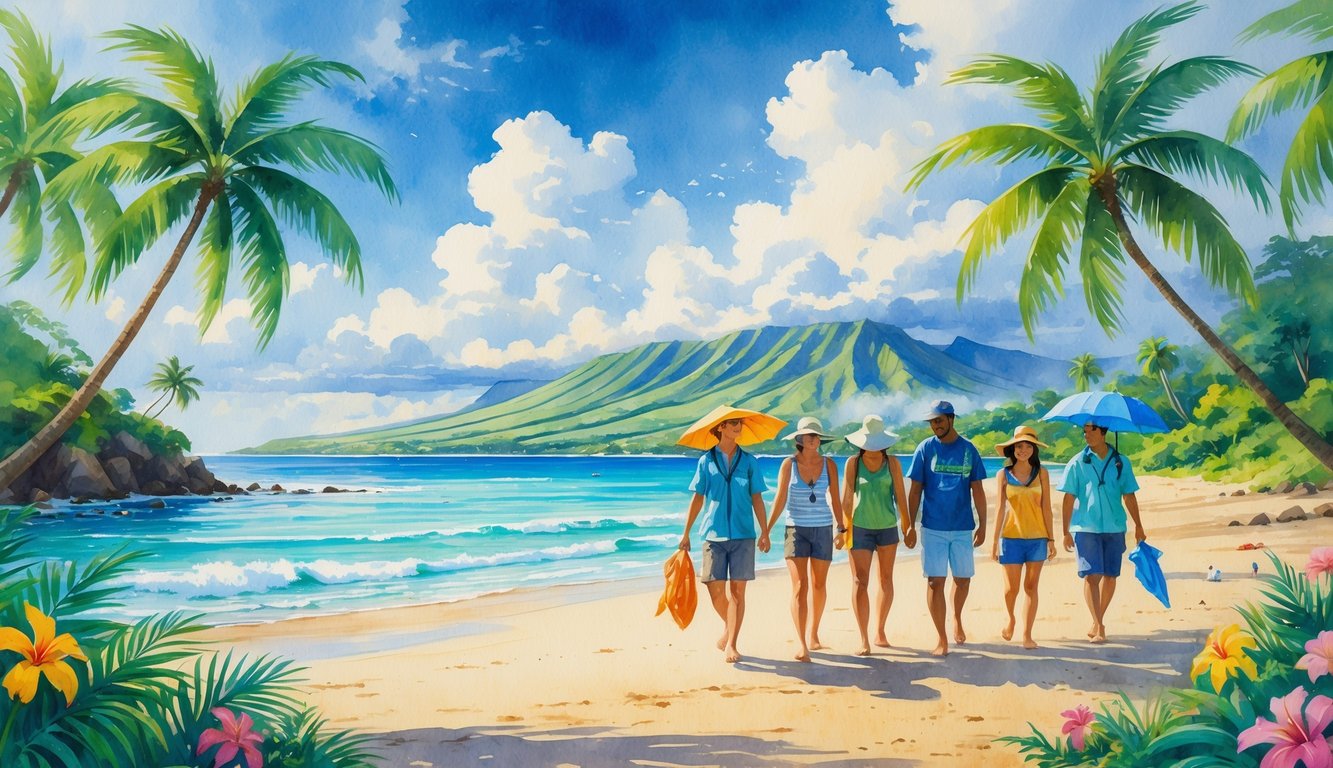A tropical Hawaiian beach scene with palm trees, people dressed in light summer clothes and rain jackets, ocean waves, mountains, and colorful flowers.
