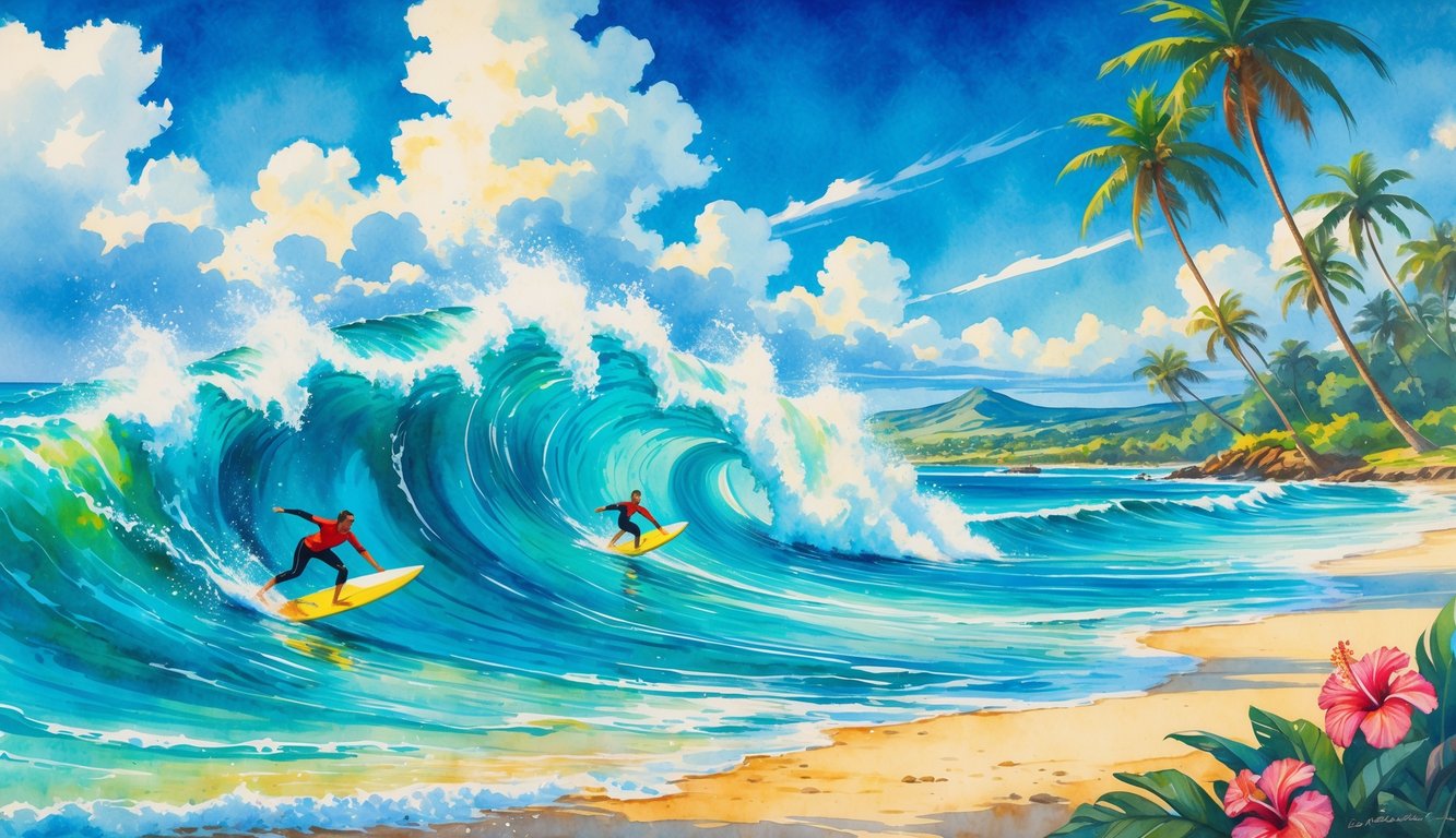 Surfers riding turquoise ocean waves near a tropical shoreline with palm trees and a distant volcano under a sunny sky.