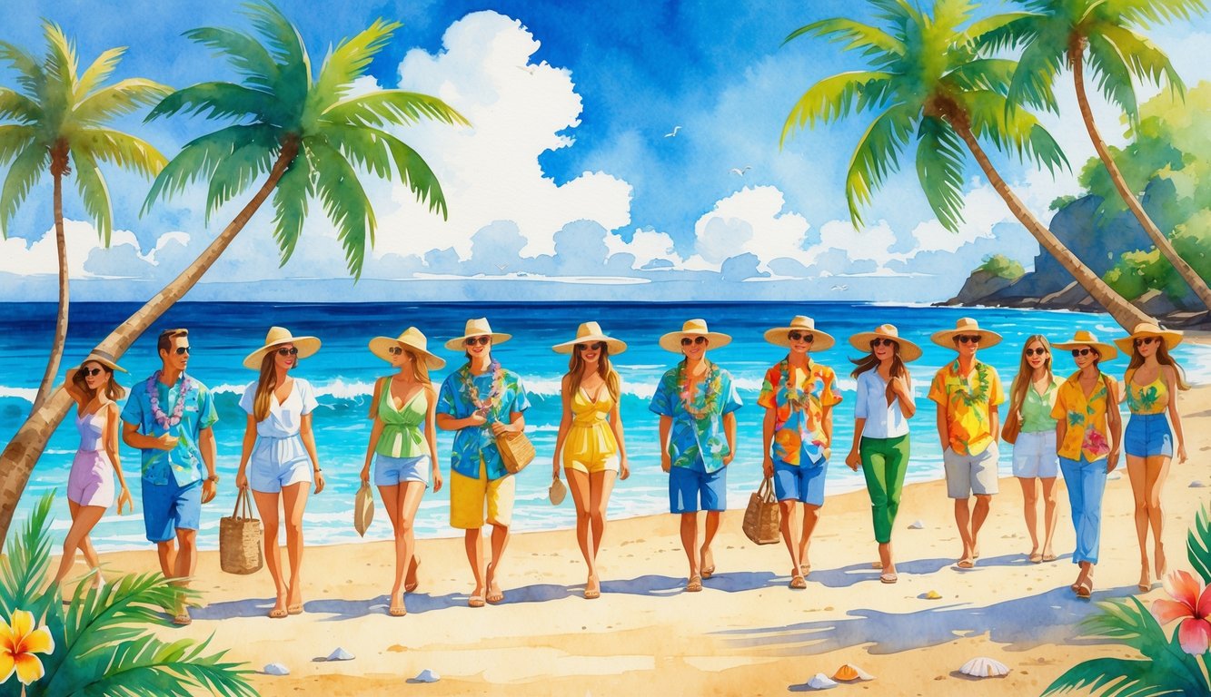 A beachside scene in Hawaii with people wearing light, colorful clothing and accessories enjoying a sunny day near palm trees and the ocean.