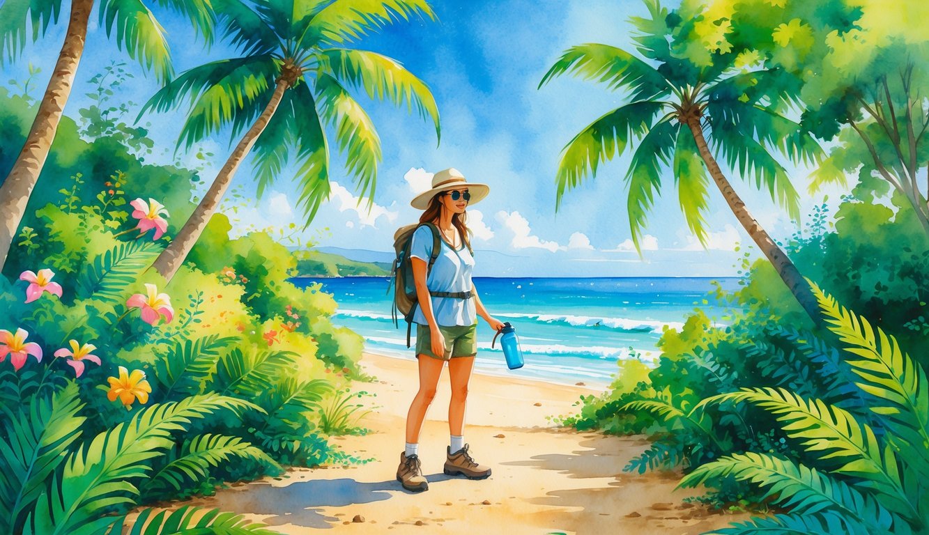 A person dressed for warm weather stands among tropical plants near a beach with palm trees and ocean in the background.