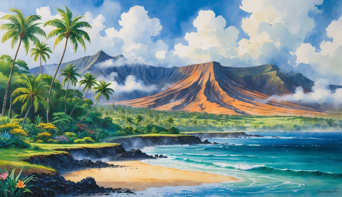 A landscape showing Hawaii's diverse environments with tropical forests, volcanic rocks, mountains with clouds, and the ocean along a sandy beach.