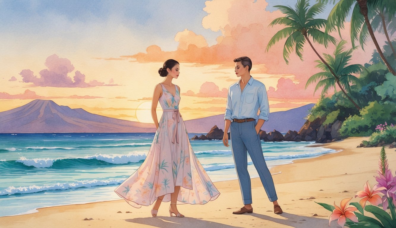 Two people dressed for an evening on a Hawaiian beach with palm trees, tropical flowers, and a colorful sunset over the ocean.