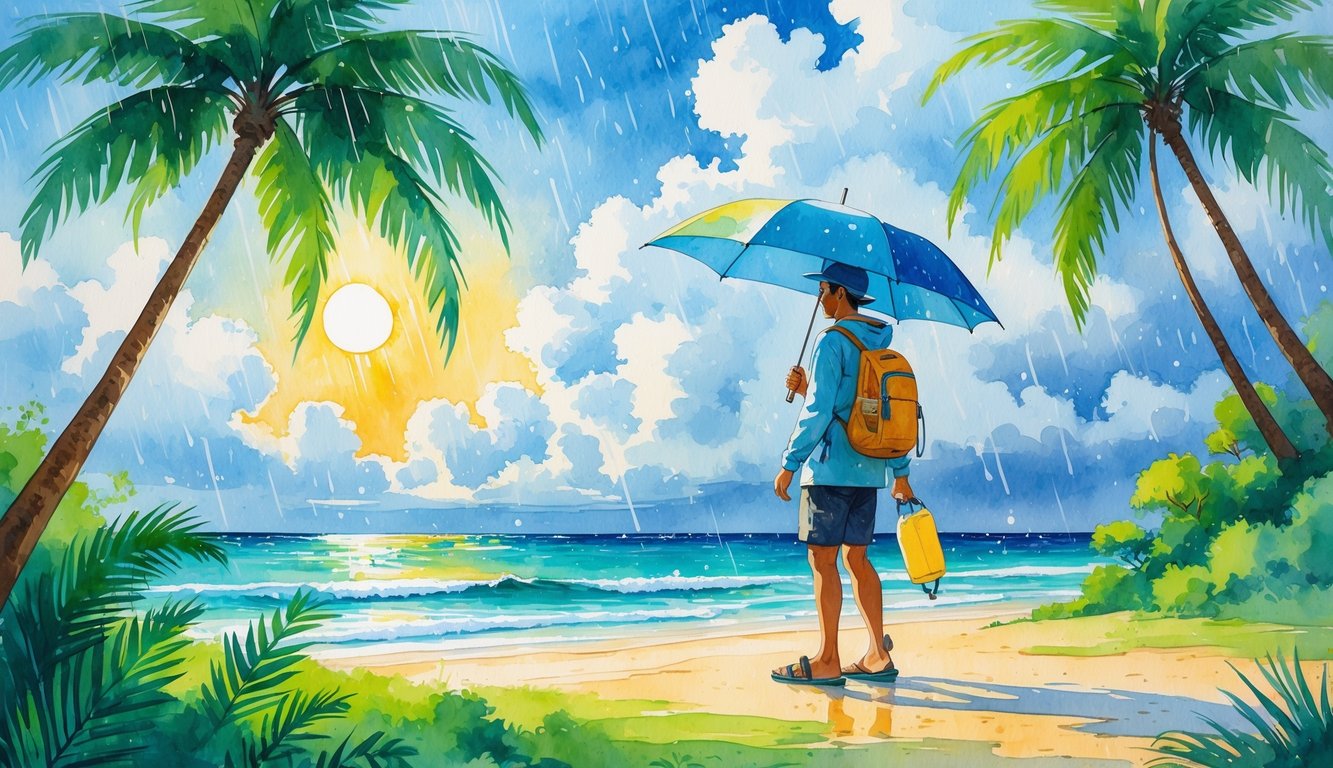 A person wearing a light rain jacket and shorts stands on a Hawaiian beach with palm trees, holding an umbrella under cloudy skies with sunlight breaking through.