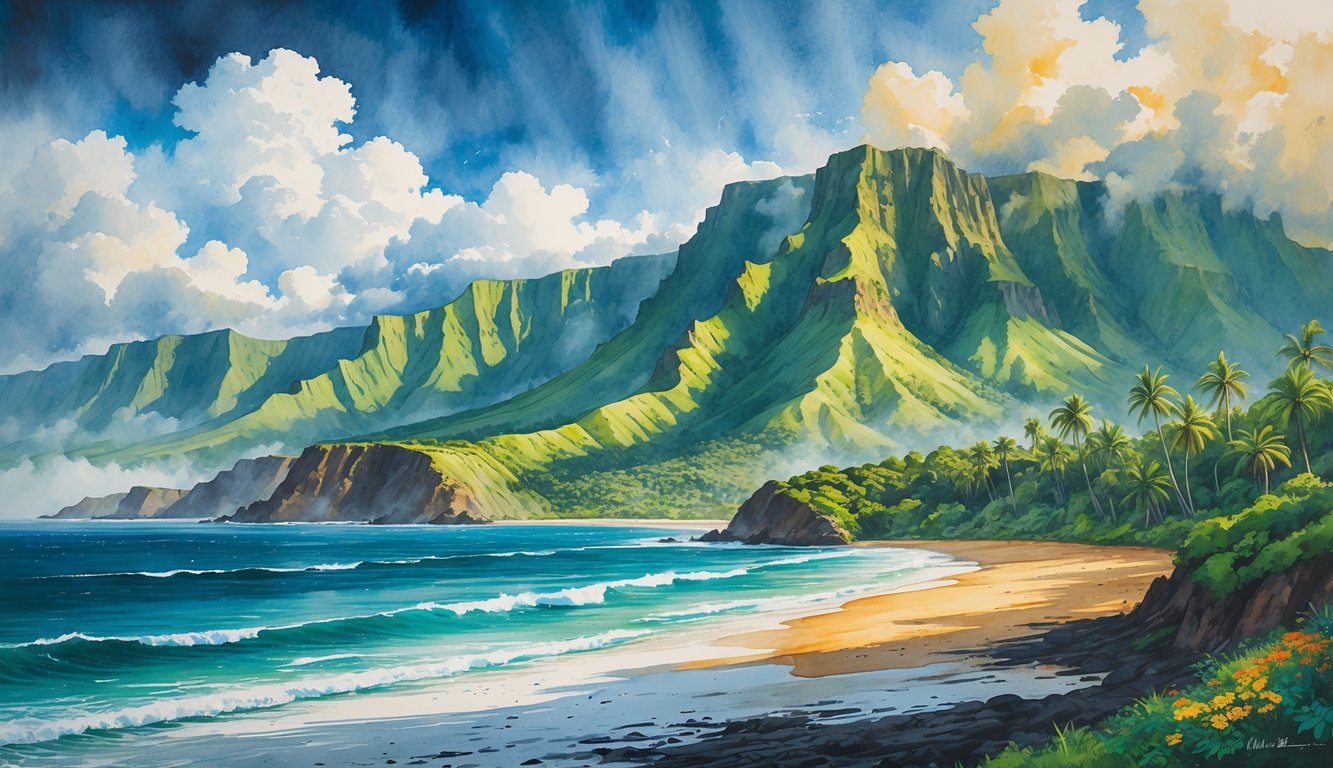 A lush Hawaiian island with mountains, rainforest, beach, and rocky lava fields showing different weather and vegetation areas.