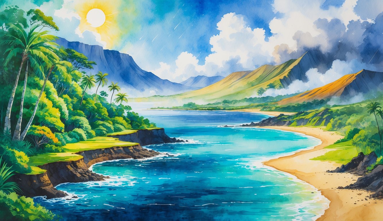 A landscape showing Hawaii’s islands with green rainforests, volcanic rocks, sandy beaches, misty mountains, and varied weather patterns.