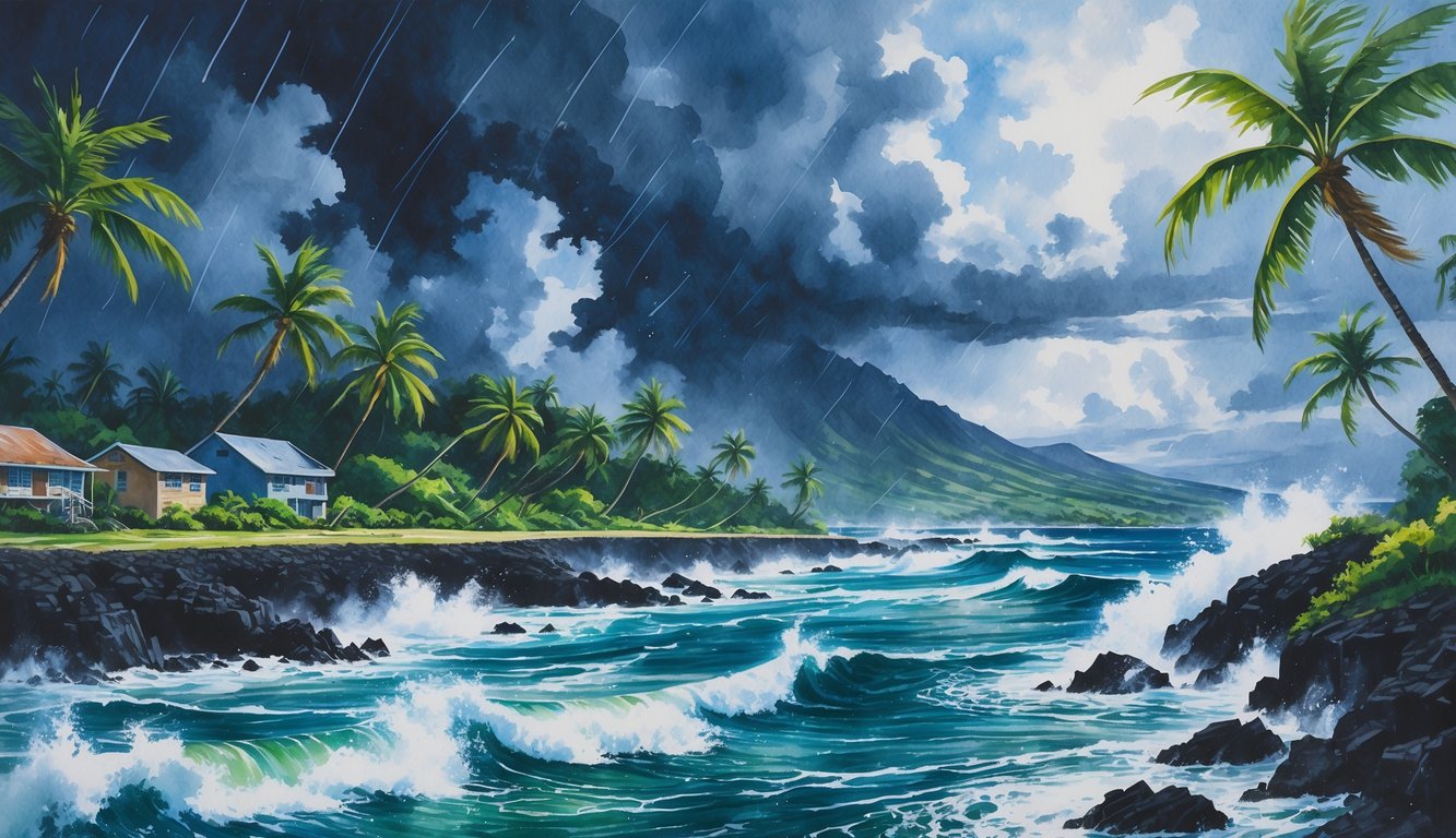 A tropical coastline with palm trees bending in strong wind, dark storm clouds, heavy rain, crashing ocean waves, volcanic rocks, and a small coastal village with damaged houses.