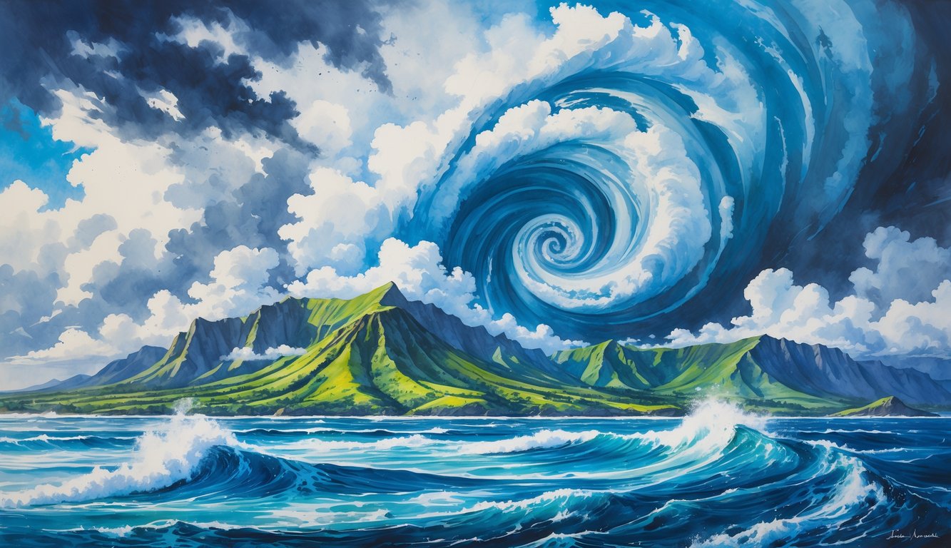 A view of the Hawaiian Islands surrounded by a large swirling hurricane with dark clouds and rough ocean waves.