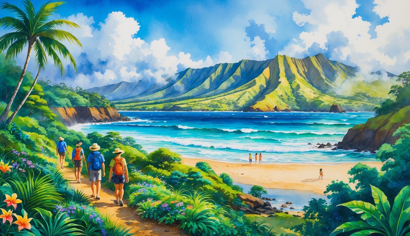 A Hawaiian landscape showing tourists hiking in a rainforest, people surfing on a sunny beach, and misty volcanic mountains with clouds and rain in the background.