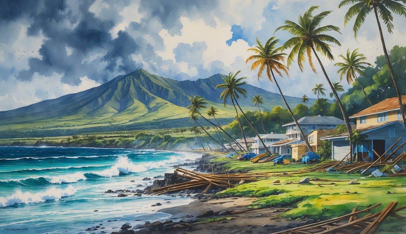 A Hawaiian coastline with damaged palm trees, homes being repaired, turbulent ocean waves, and mountains in the background under a clearing sky.
