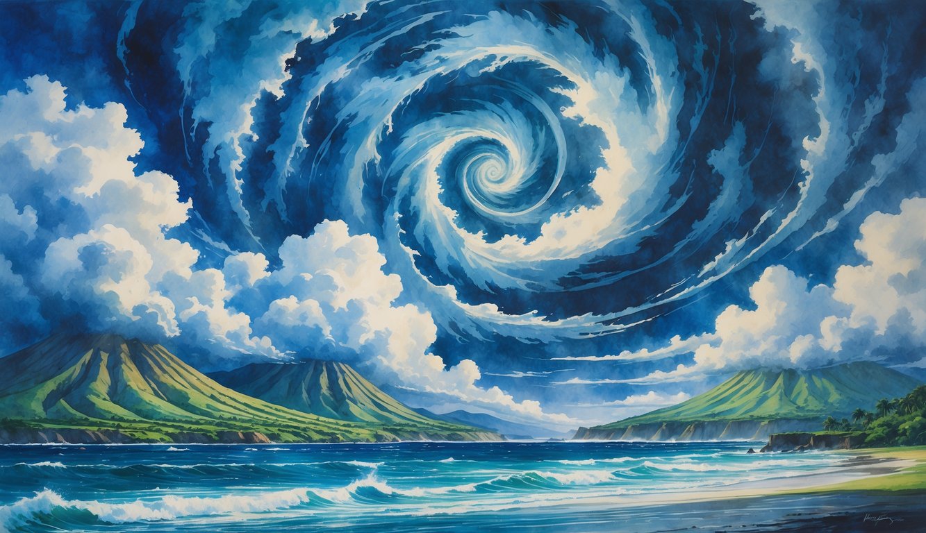 A powerful cyclone swirling over the Hawaiian Islands with clouds, rain, and waves surrounding the lush green land and mountains.