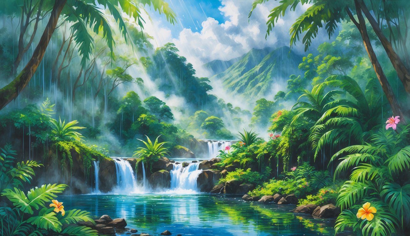 A lush tropical rainforest with waterfalls, misty mountains, and vibrant green plants in a rainy Hawaiian landscape.