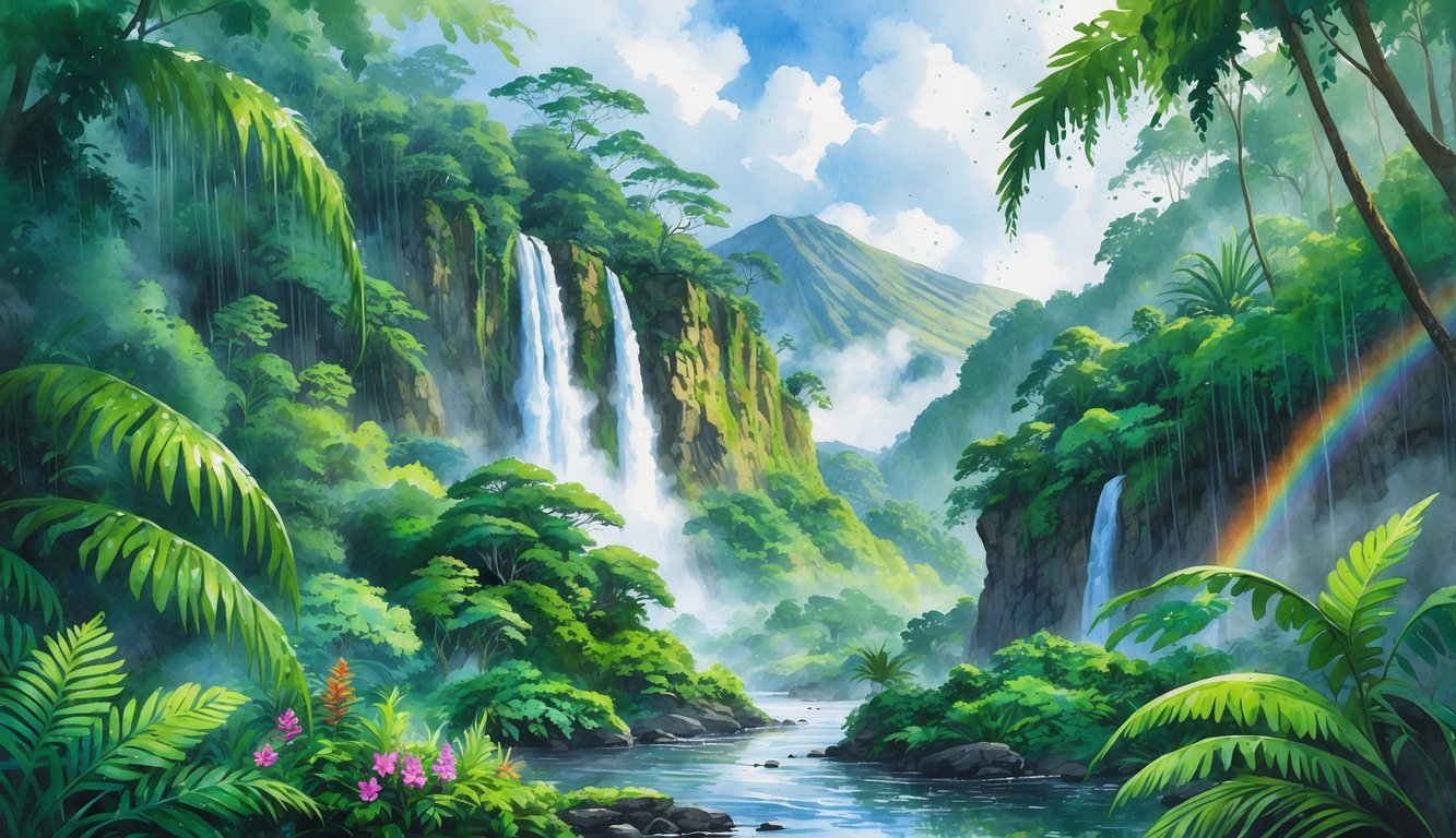A lush tropical rainforest with waterfalls, dense green trees, and a river winding through the landscape under misty rain and cloudy skies.