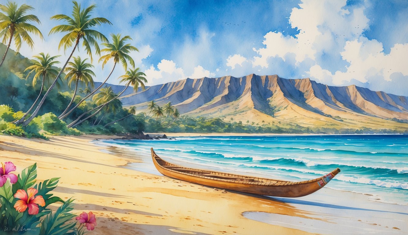 A Hawaiian beach with palm trees, mountains in the background, an outrigger canoe on the sand, and tropical flowers under clear skies.