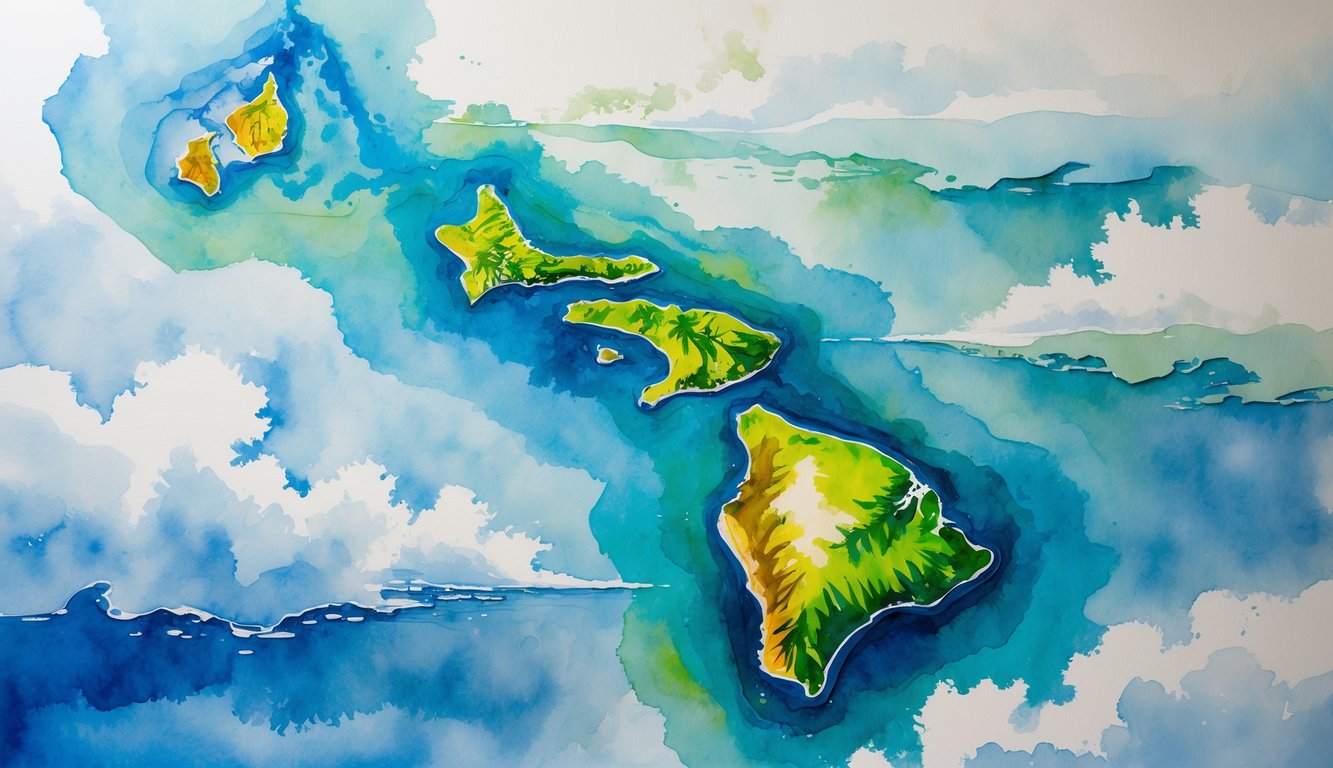 A colorful map of the major Hawaiian Islands showing lush forests, mountains, and areas with heavy rainfall surrounded by ocean.