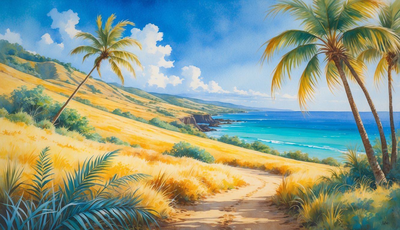 A sunny Hawaiian landscape with dry grassy hills, palm trees, a winding path, and a distant ocean coastline.