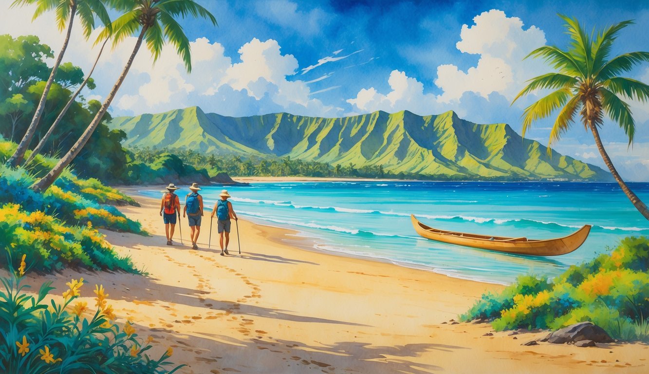 A Hawaiian island beach with palm trees, clear blue water, volcanic mountains, hikers on a trail, and a canoe on the shore.