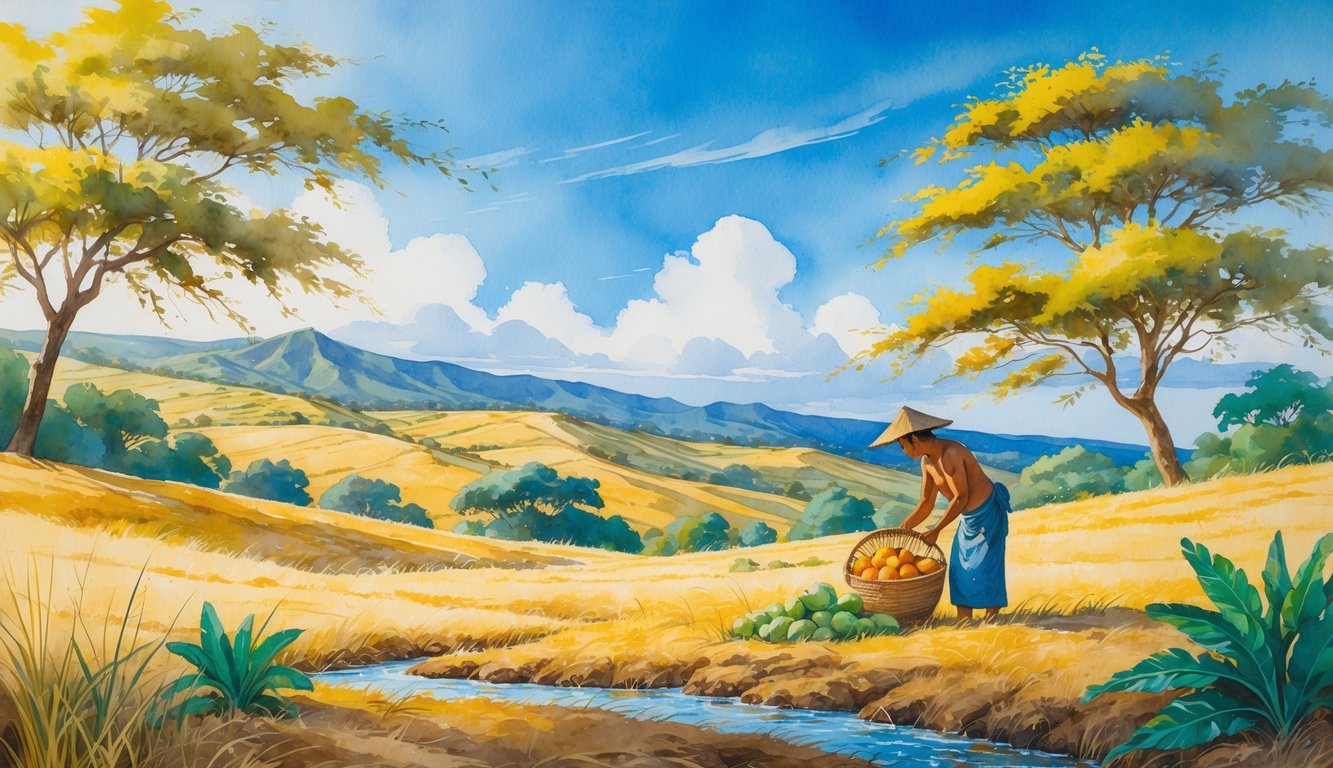 A Hawaiian farmer standing in golden dry hills with native plants and mountains in the background, near a small stream under a clear blue sky.