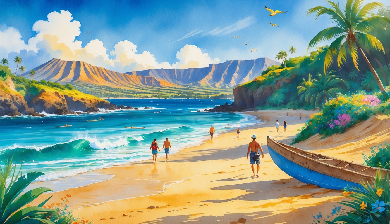 A sunlit Hawaiian beach with people hiking nearby, surfers on the water, a canoe on the sand, tropical birds flying, and volcanic mountains in the background.