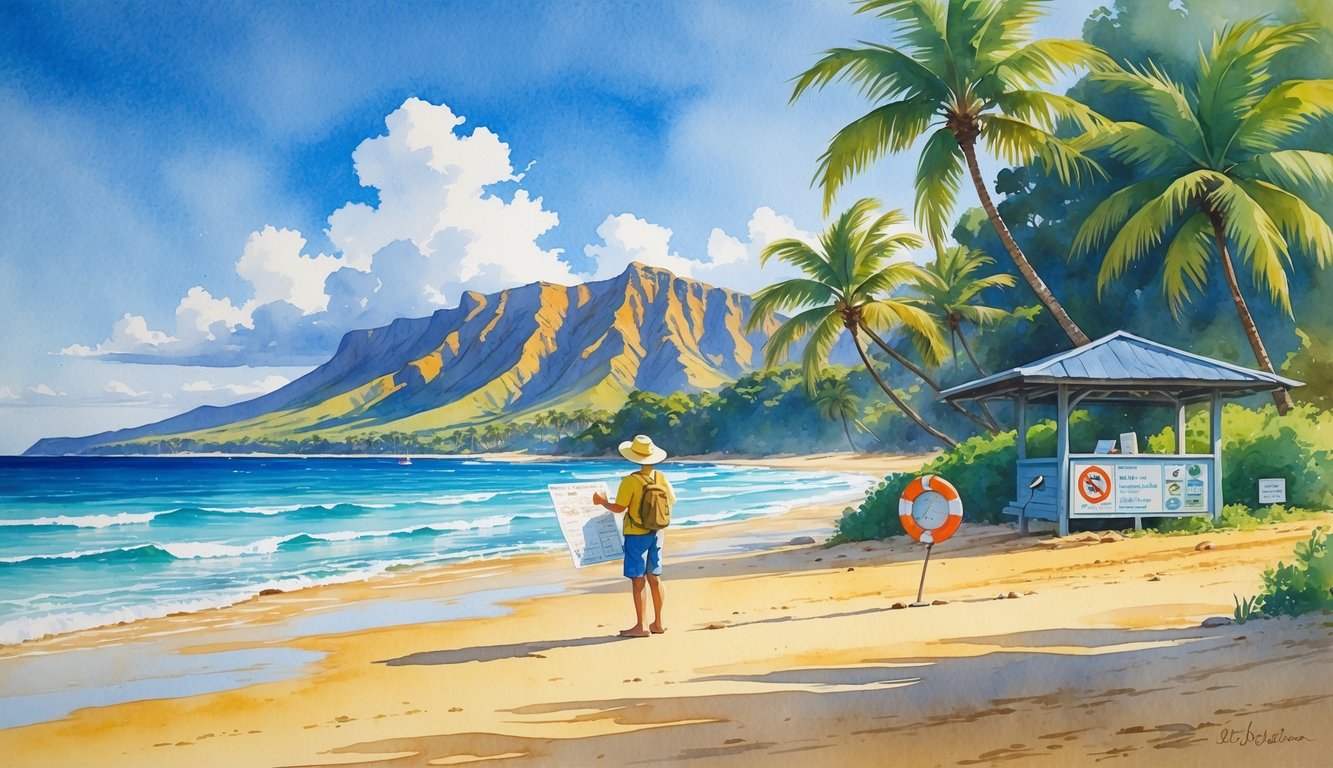 A traveler stands near a beachside shelter looking at a map with palm trees, sandy beach, ocean waves, and volcanic mountains in the background under clear skies.