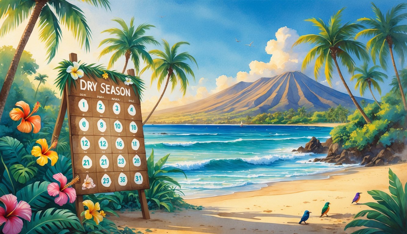 A peaceful Hawaiian landscape with palm trees, tropical flowers, mountains, and a wooden calendar board surrounded by foliage near a sandy beach.