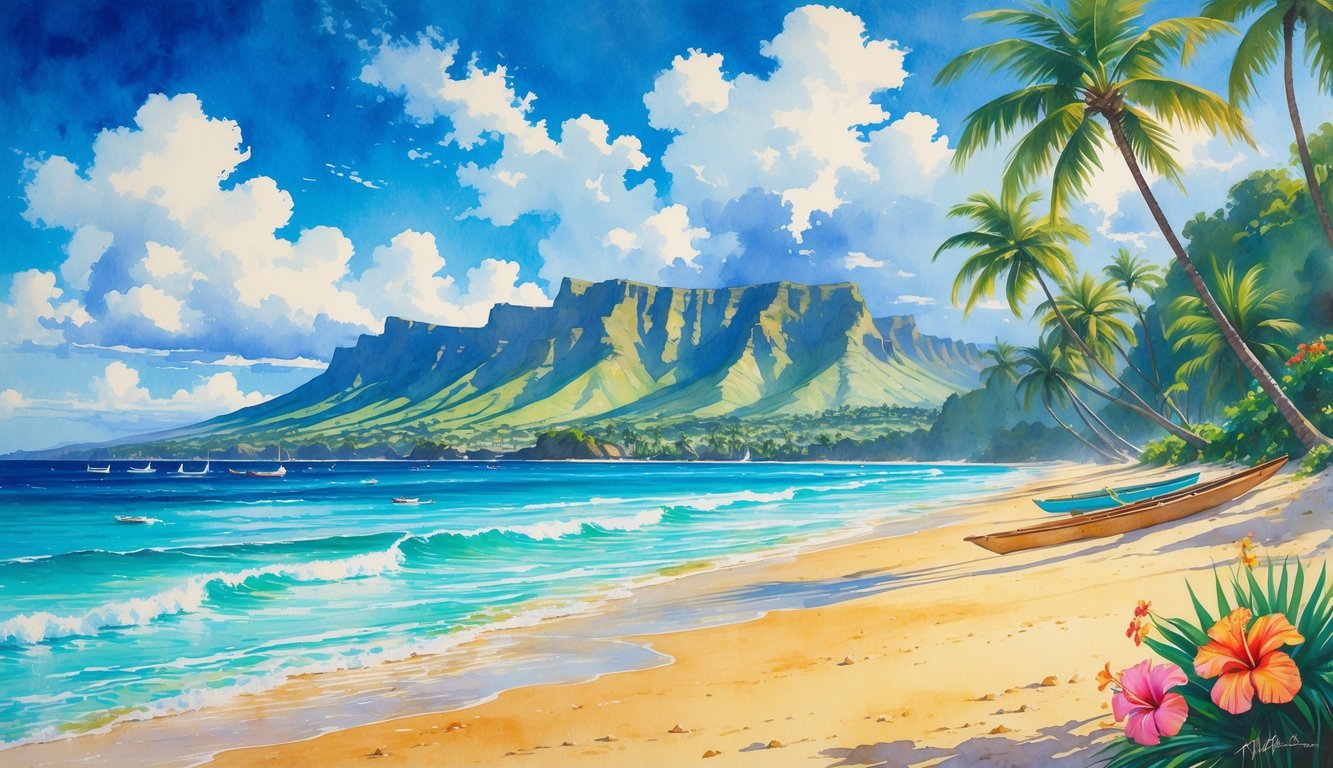 A sunny Hawaiian beach with golden sand, turquoise water, palm trees, tropical flowers, volcanic mountains, and canoes on the shore.