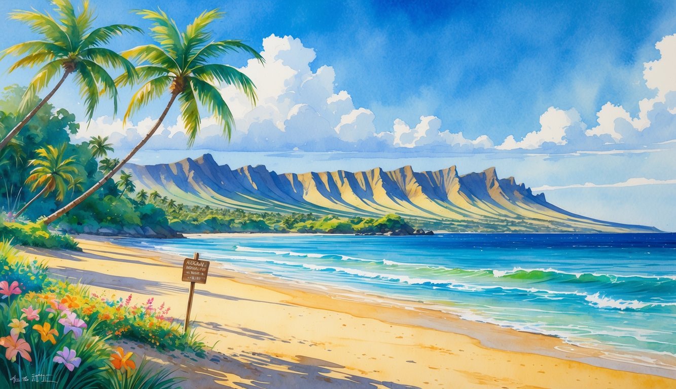 A sunny Hawaiian beach with palm trees, golden sand, tropical flowers, and volcanic mountains under a clear blue sky.