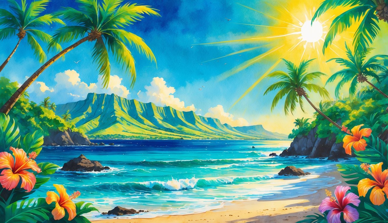 A sunny tropical landscape with palm trees, colorful flowers, a sandy beach, turquoise ocean, and distant volcanic mountains under a bright sky.