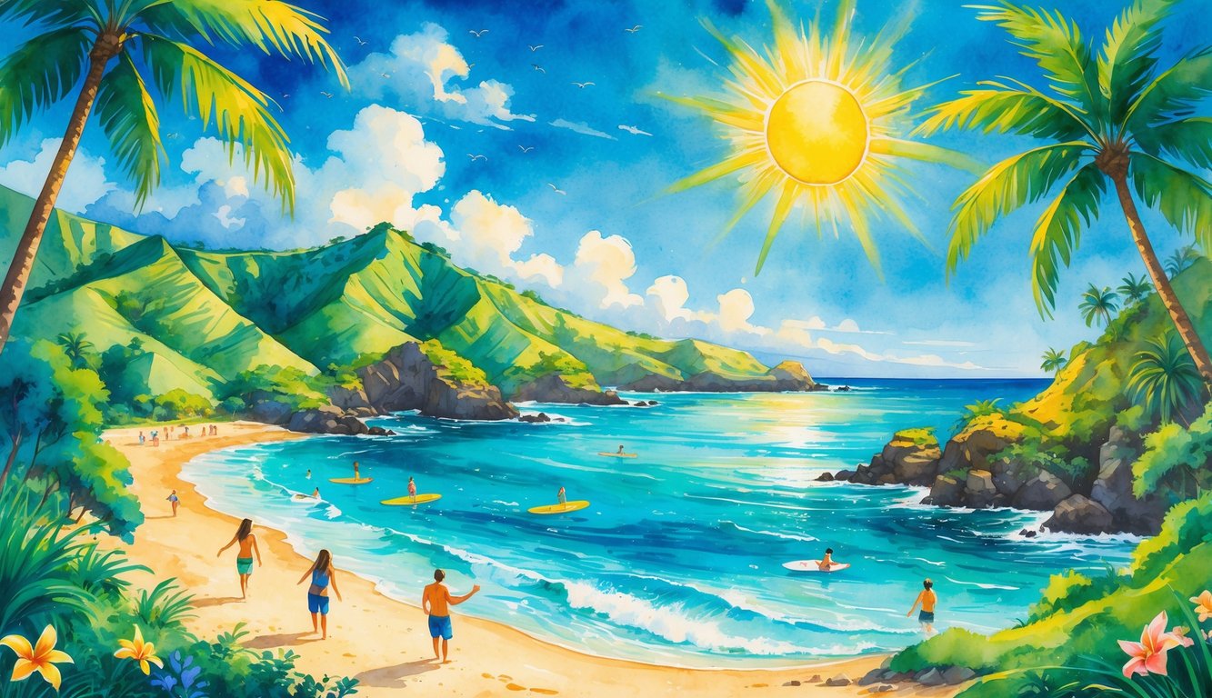 A sunny Hawaiian beach with palm trees, ocean waves, and people surfing, snorkeling, hiking, and picnicking outdoors.